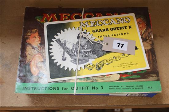 Meccano boxed lorry outfit (no. 3910) & 3 manuals, inc Gears Outfit A, Outfit no. 3 & Accessory Outfit No. 3A